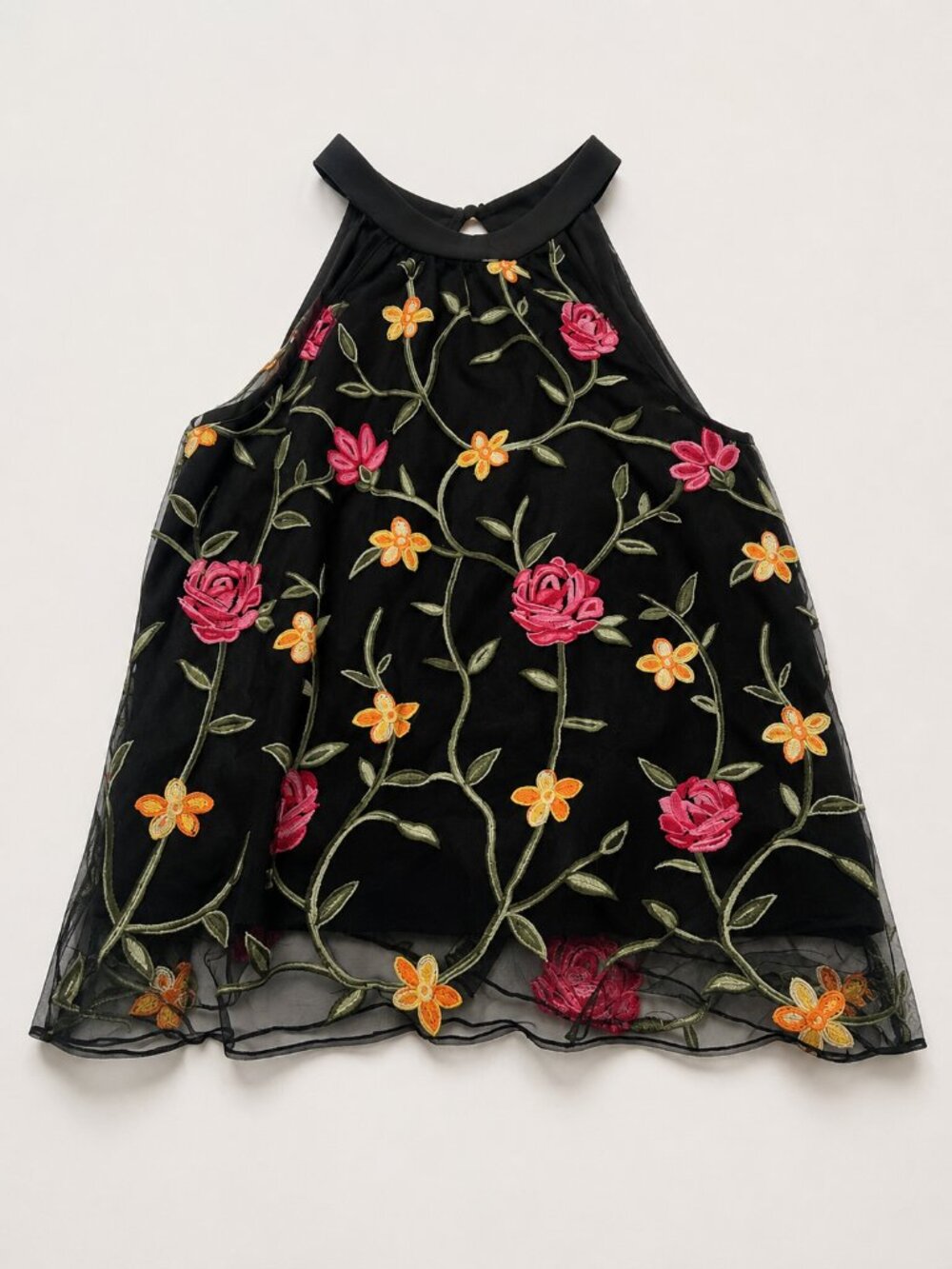 SHEIN Curve 2X Black Floral Embroidered Chiffon Halter Top